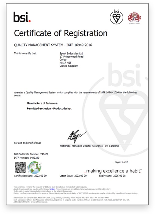 SPIROL UK Achieves IATF 16949 Certification
